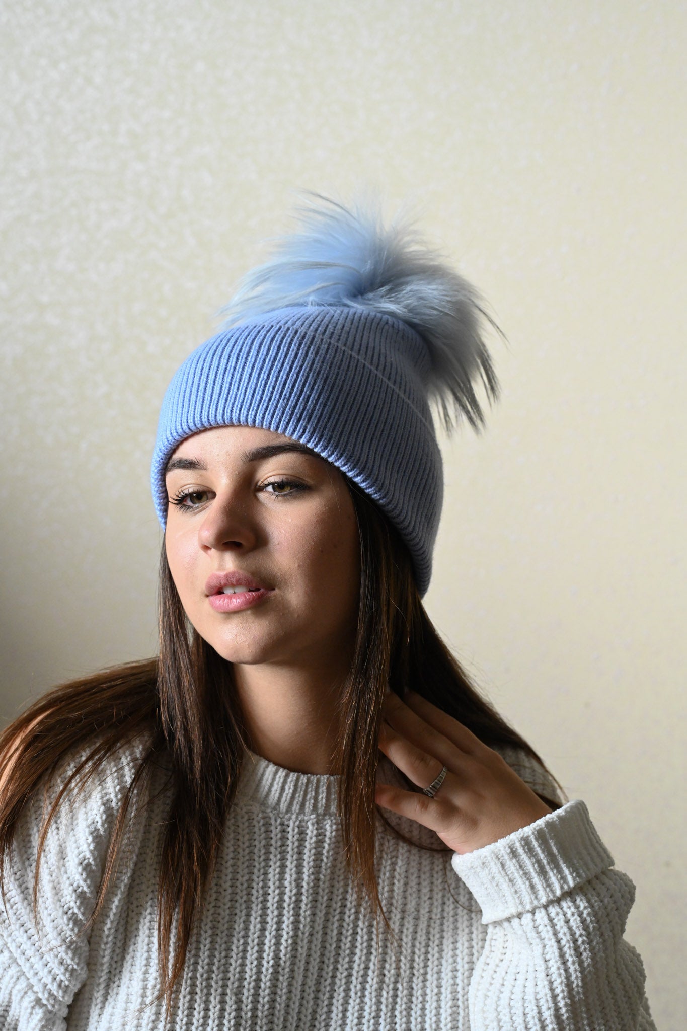 Cashmere and merino wool warm winter hat, fur pompom