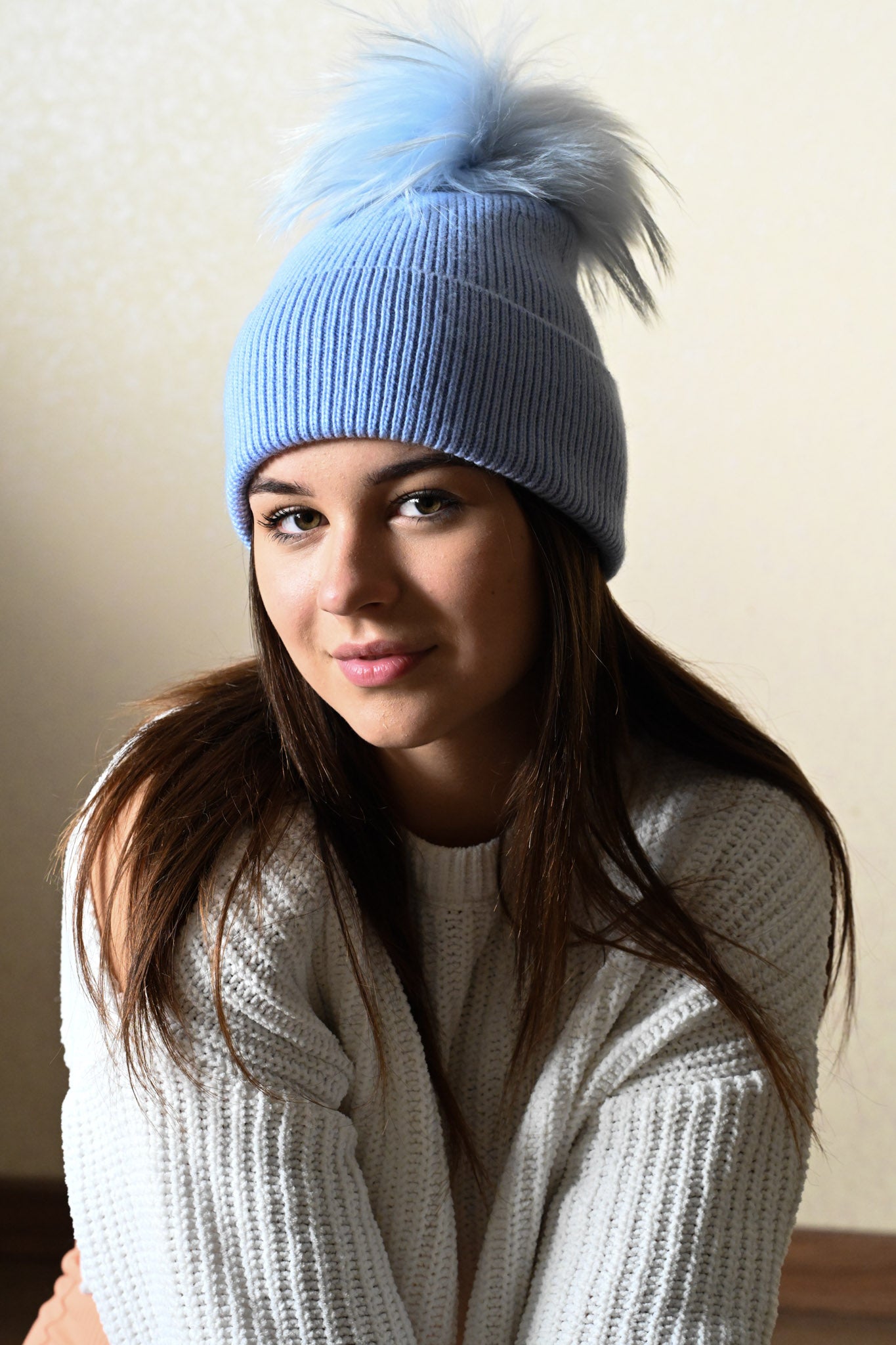 Cashmere and merino wool warm winter hat, fur pompom