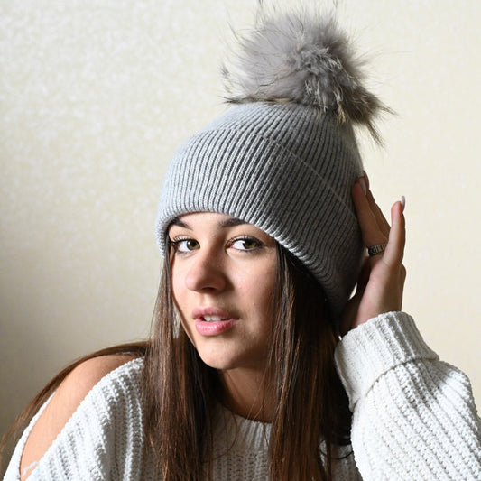 Cashmere and merino wool warm winter hat, fur pompom grey