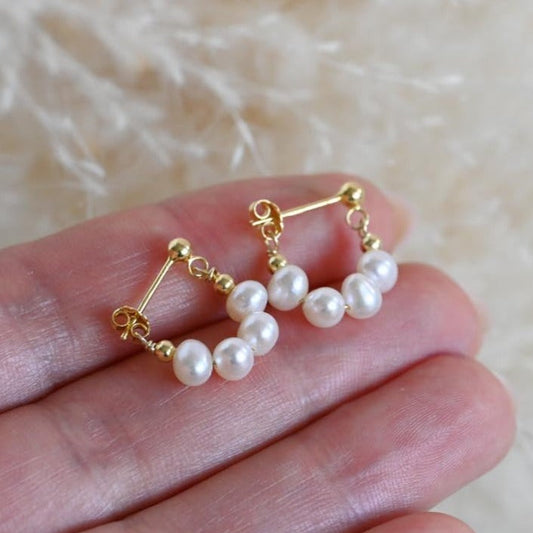 Delicate small hoop earrings, freshwater pearls, 925 silver plated with 18K gold