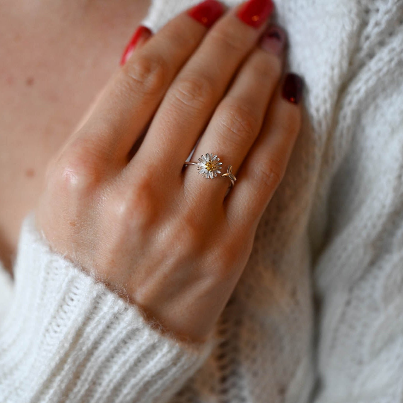 Offener Ring Gänseblümchen und Blatt, 925er Silber, 18K Gold