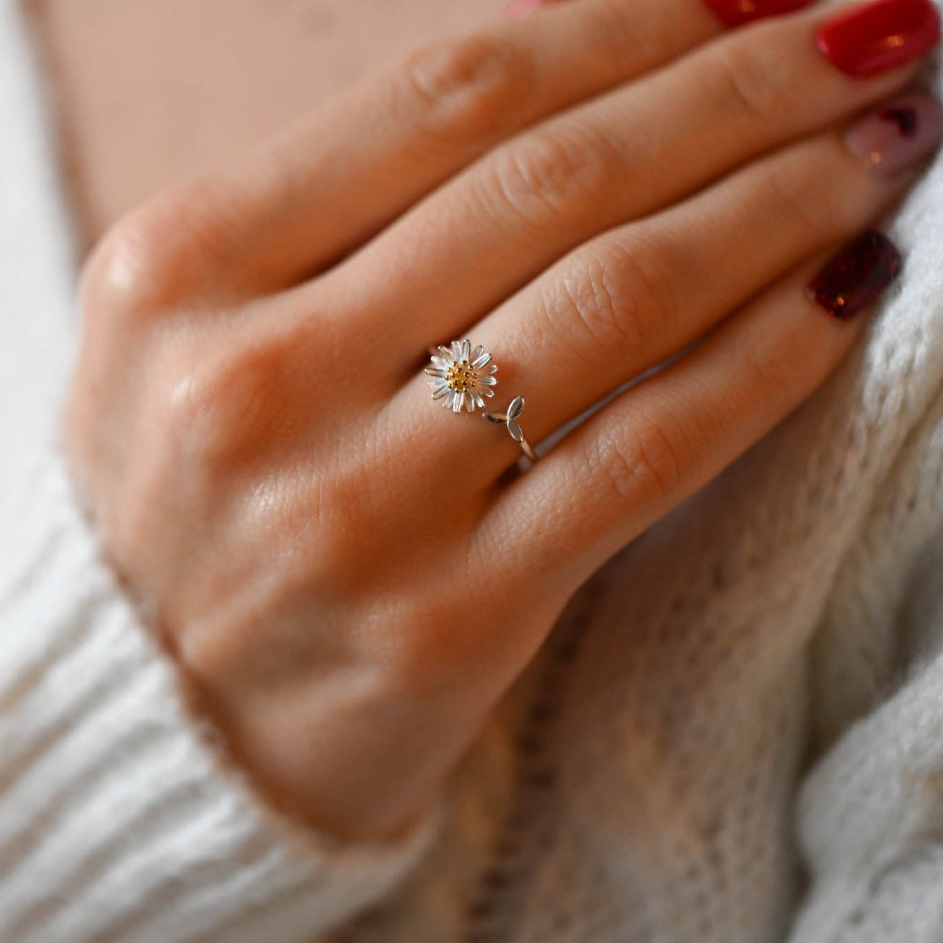 Offener Ring Gänseblümchen und Blatt, 925er Silber, 18K Gold