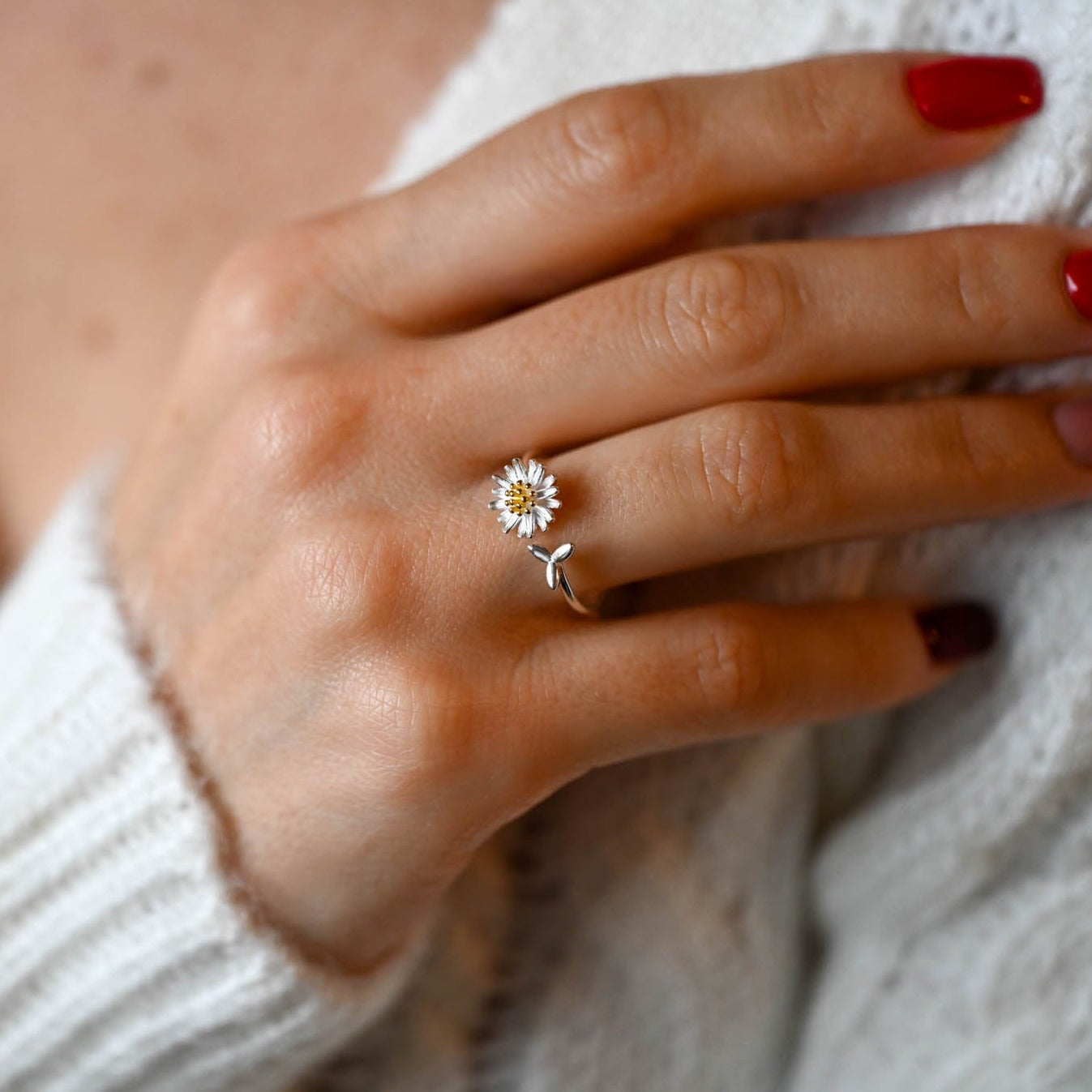 Offener Ring Gänseblümchen und Blatt, 925er Silber, 18K Gold