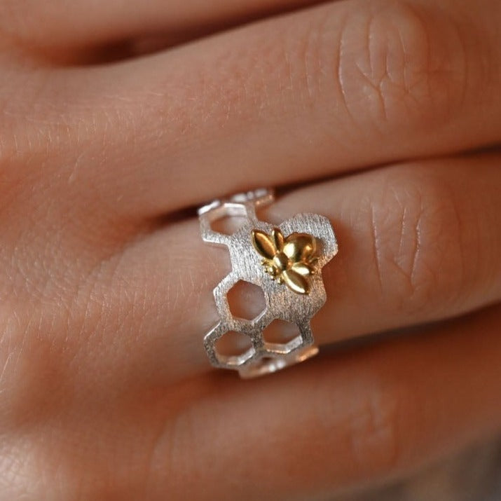 Handmade ring "Busy Bee" 925 silver, 18K gold