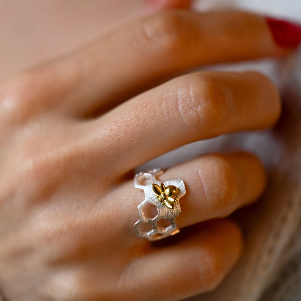 Handmade ring "Busy Bee" 925 silver, 18K gold