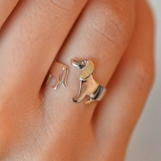 Handmade open ring Dachshund 925 silver, 18K gold