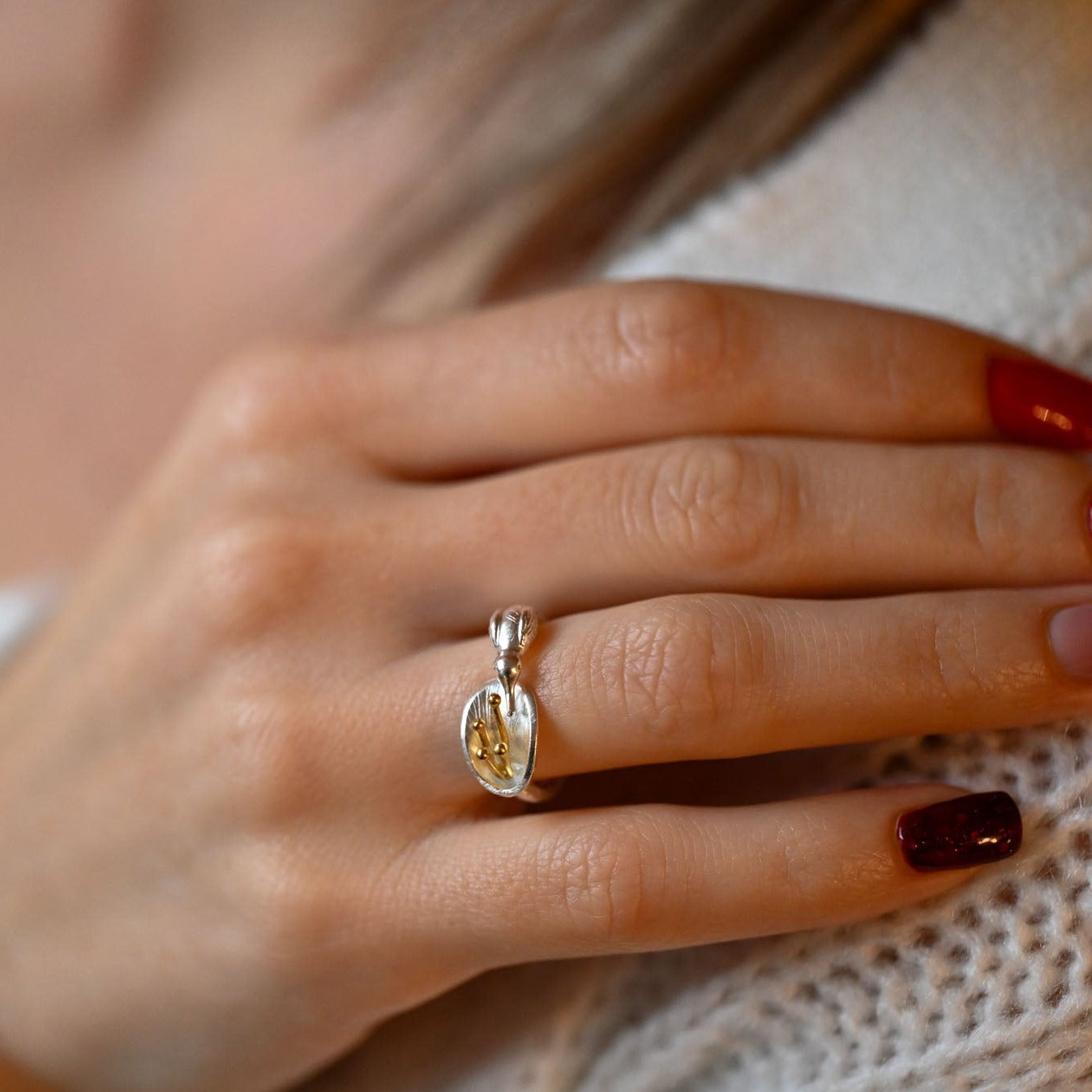 Handmade ring "Hummingbird drinking from the flower" 925 silver, 18K gold