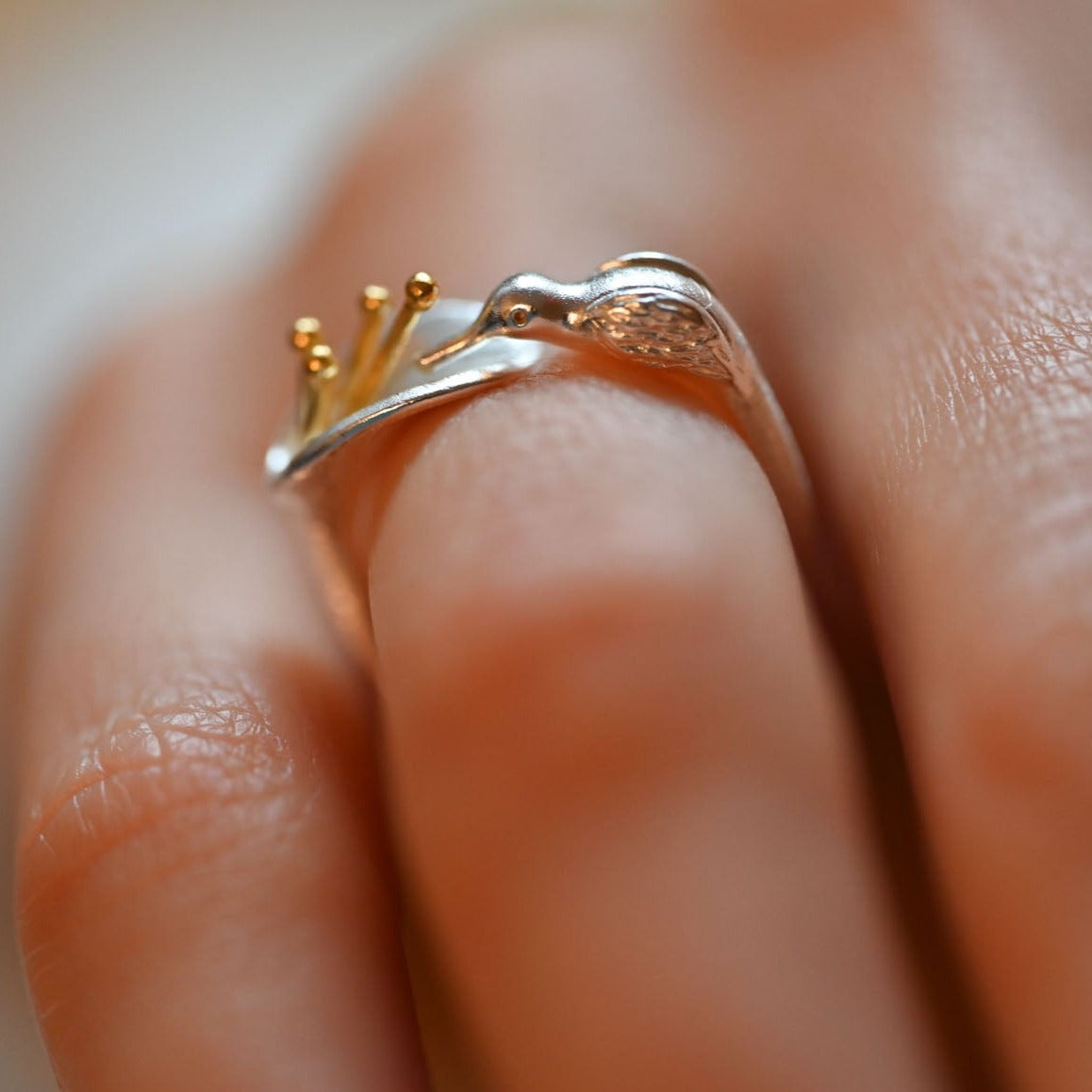 Handmade ring "Hummingbird drinking from the flower" 925 silver, 18K gold