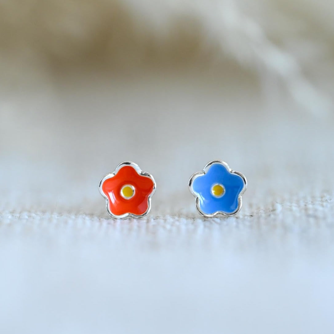 Mini colorful flower stud earrings 925 Sterling silver, enamel