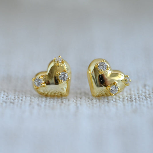 Large Heart Stud Earrings, 925 Silver, 18K Gold