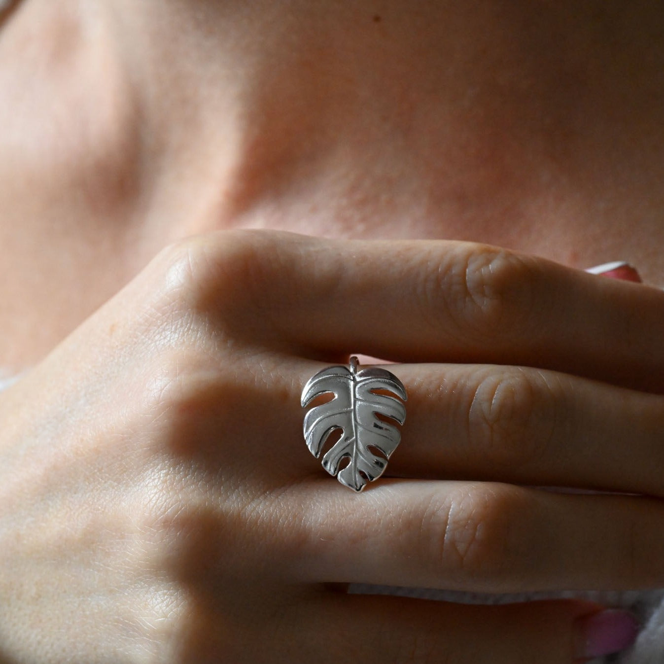 Monstera leaf earrings and ring