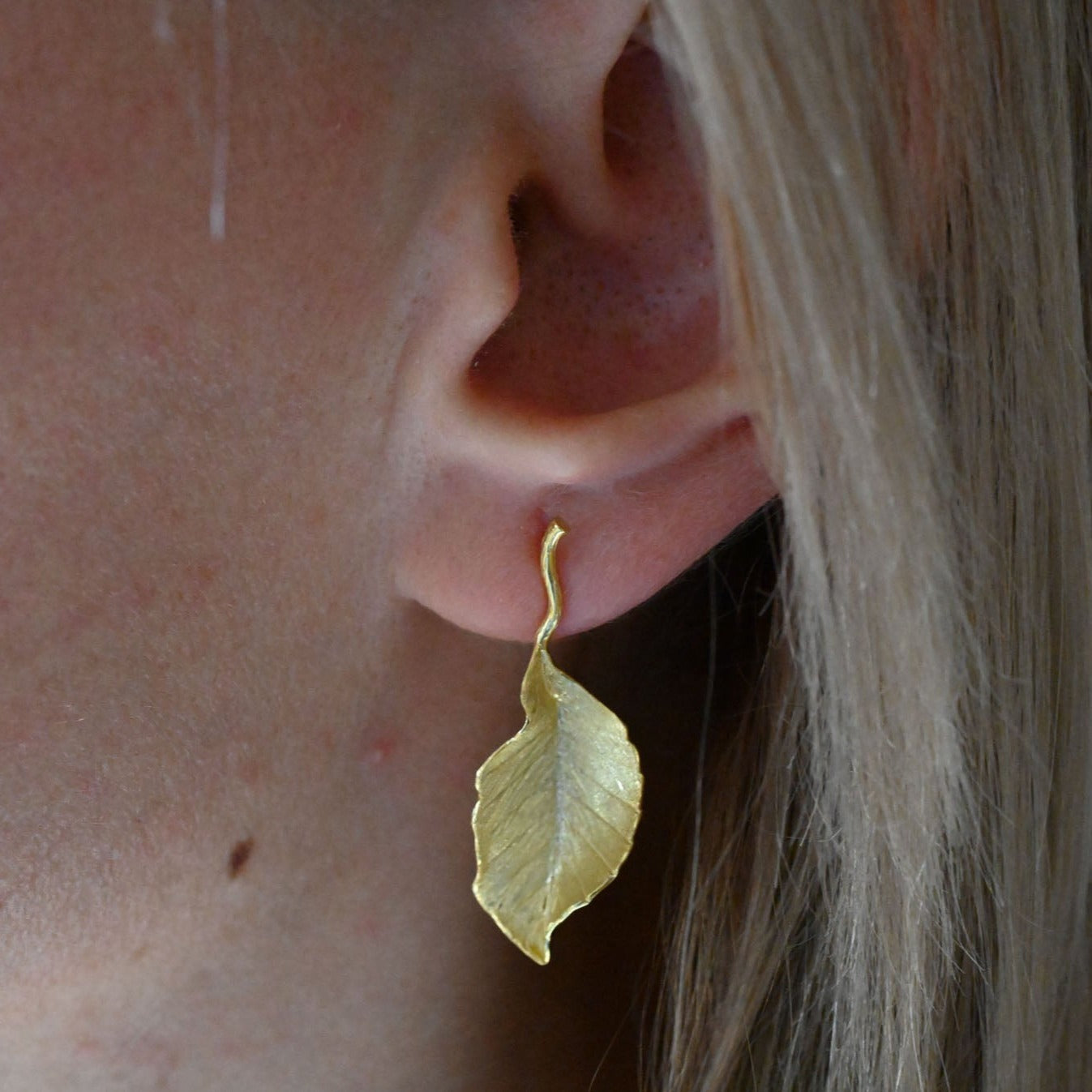 Hanging earrings "Flying Autumn Leaf", 925 silver, 18K gold