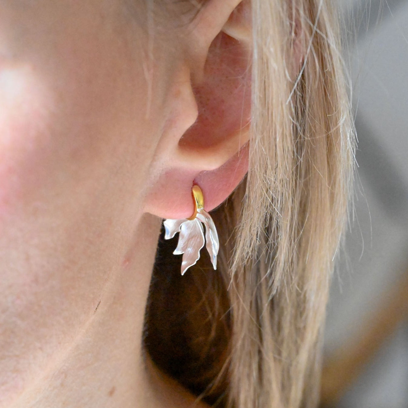 Vintage Leaf Hoop Earrings, 925 Silver, 18K Gold