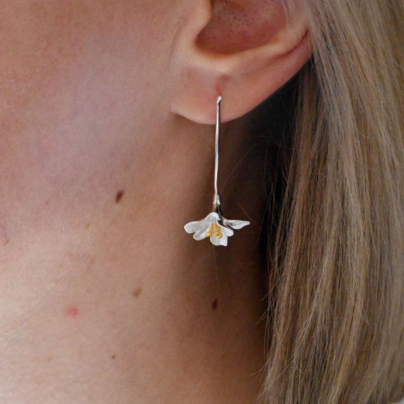 Handmade earrings large freesia, 925 silver, 18K gold