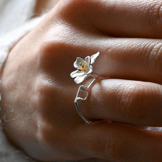 Handmade ring large freesia, 925 silver, 18K gold