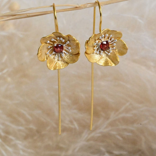 Handmade hanging earrings "Blooming Anemone" with garnet