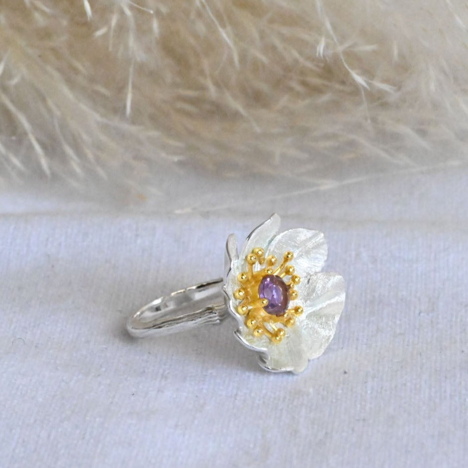 Handmade ring "Blooming Anemone" with amethyst