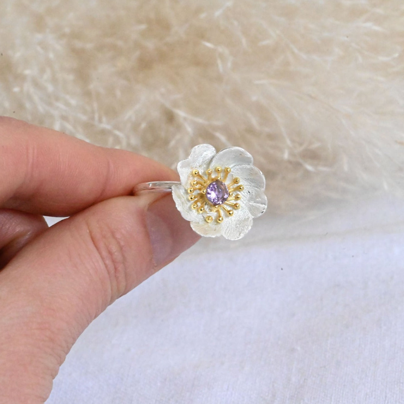 Handmade ring "Blooming Anemone" with amethyst