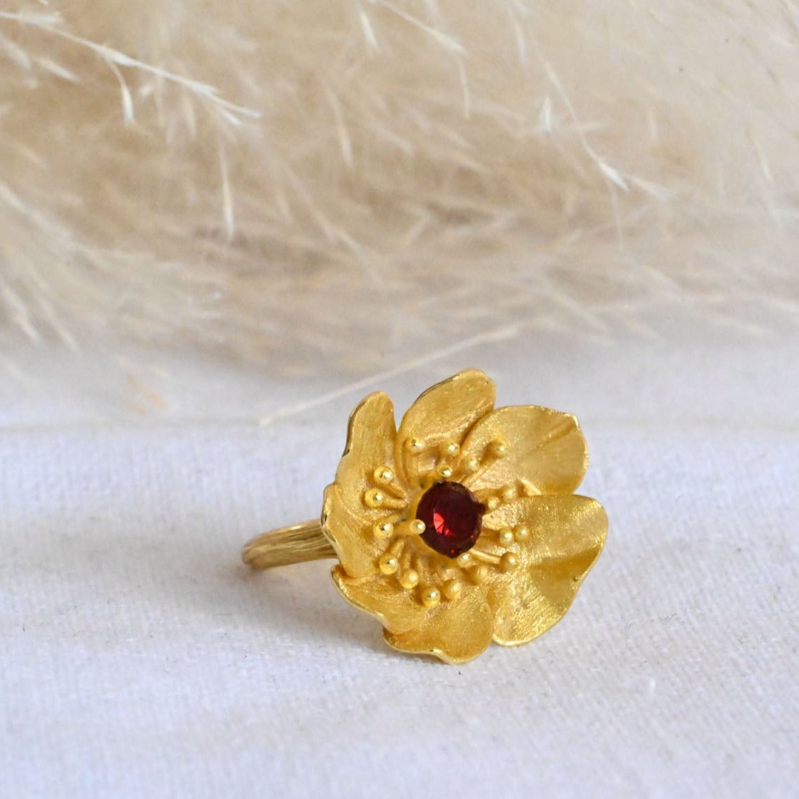 Handmade ring "Blooming Anemone" with garnet