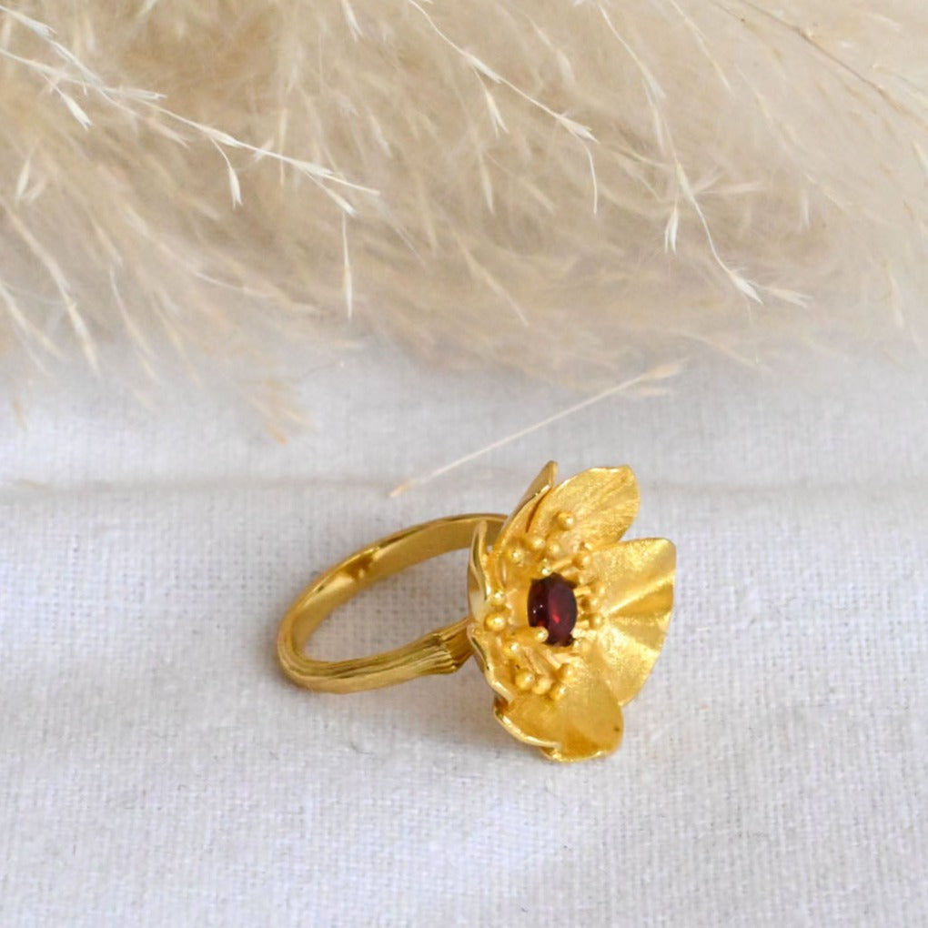 Handmade ring "Blooming Anemone" with garnet