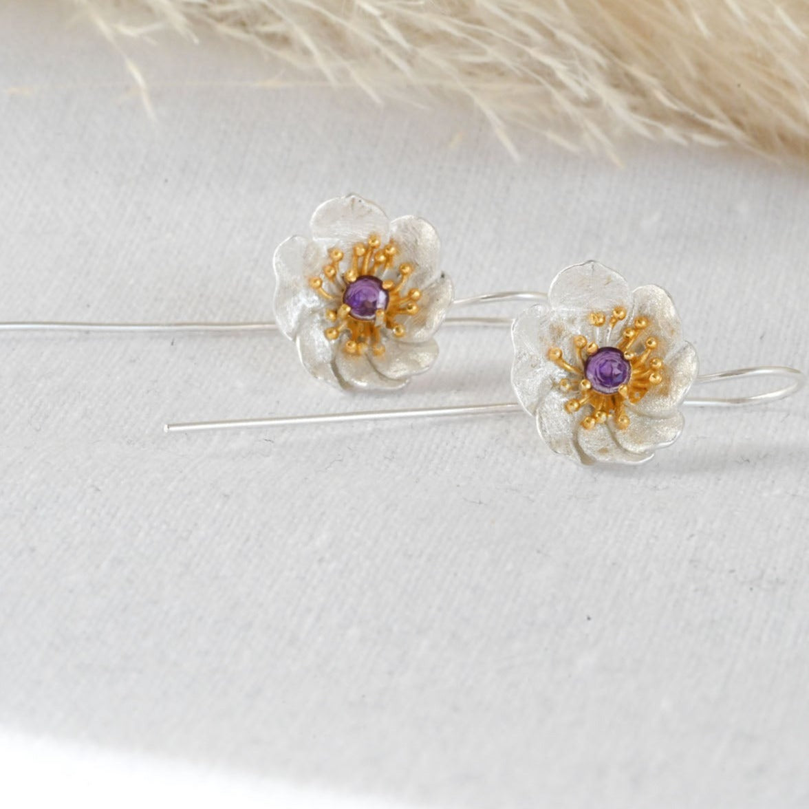 Handmade hanging earrings "Blooming Anemone" with amethyst