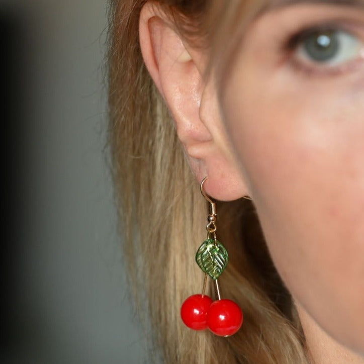 Hanging earrings "Sweet cherries made of glass beads"