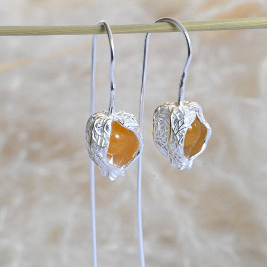 Handmade Physalis earrings, 925 silver, natural topaz