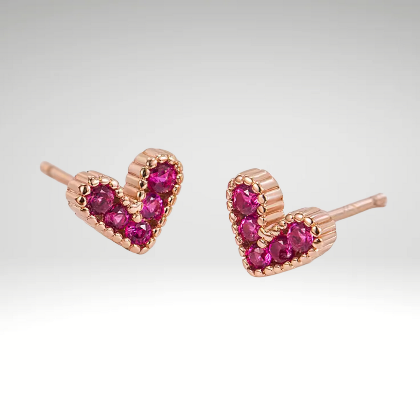 Pink heart stud earrings, 925 silver, rose gold