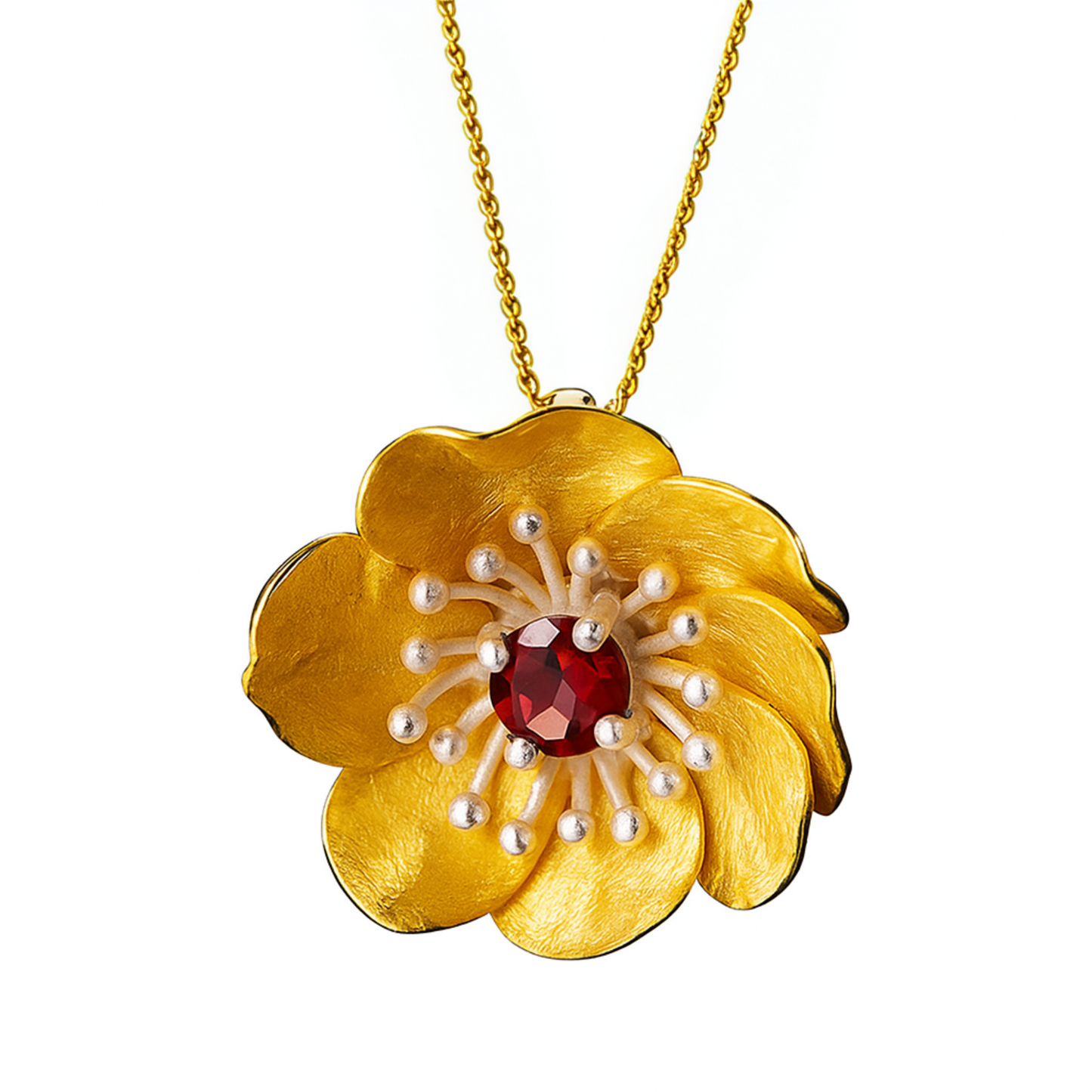 Handgefertigte Kette mit großer Anemone Blume, 925 Sterling Silber, 18K Gold, mit natürlichem Granat
