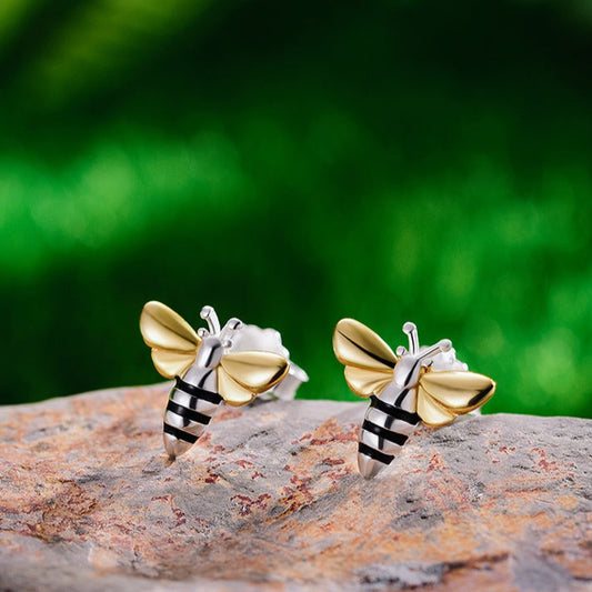 Small cute bee earrings, 925 silver, 18K gold