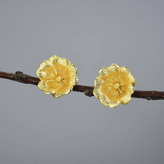 Handmade Wild Rose Stud Earrings, 925 Silver, 18K Gold