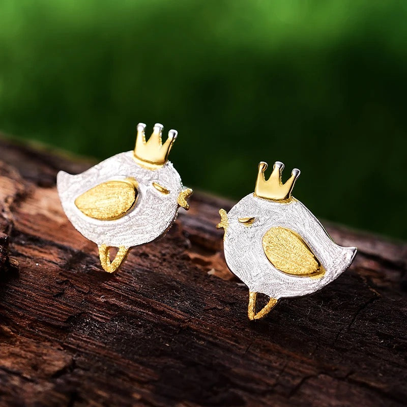 Handmade cute princess bird stud earrings, 925 silver, 18K gold