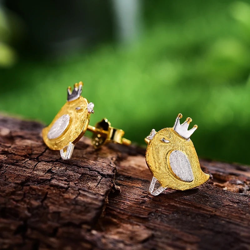 Handmade cute princess bird stud earrings, 925 silver, 18K gold