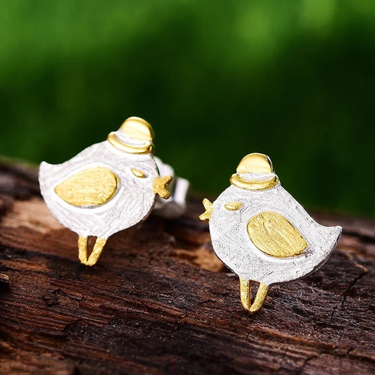 Handmade cute gentleman birds stud earrings, 925 silver, 18K gold