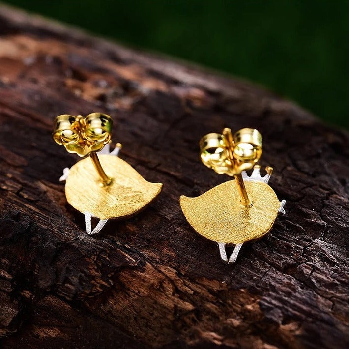 Handmade cute princess bird stud earrings, 925 silver, 18K gold