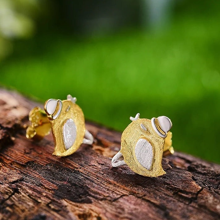 Handmade cute princess bird stud earrings, 925 silver, 18K gold