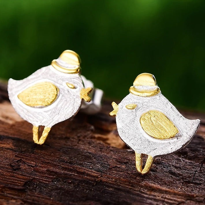 Handmade cute princess bird stud earrings, 925 silver, 18K gold