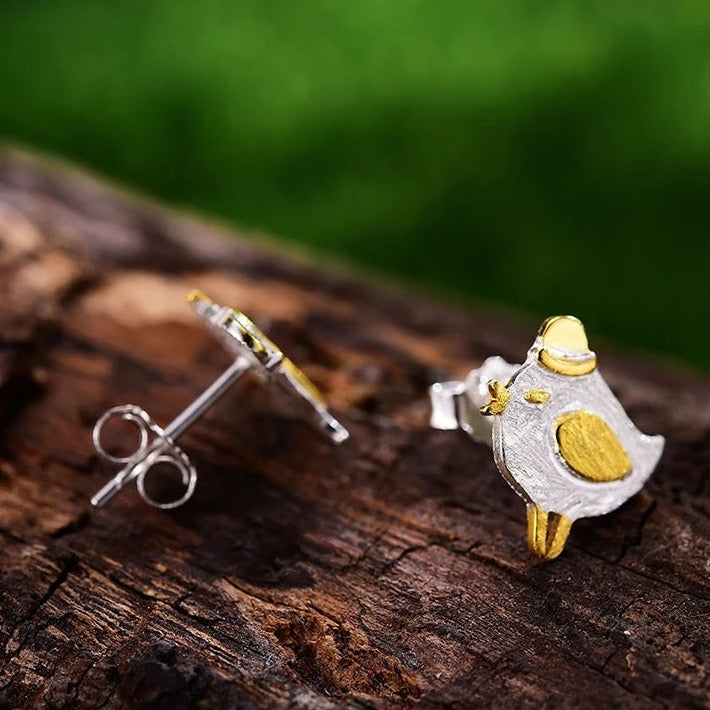 Handmade cute princess bird stud earrings, 925 silver, 18K gold