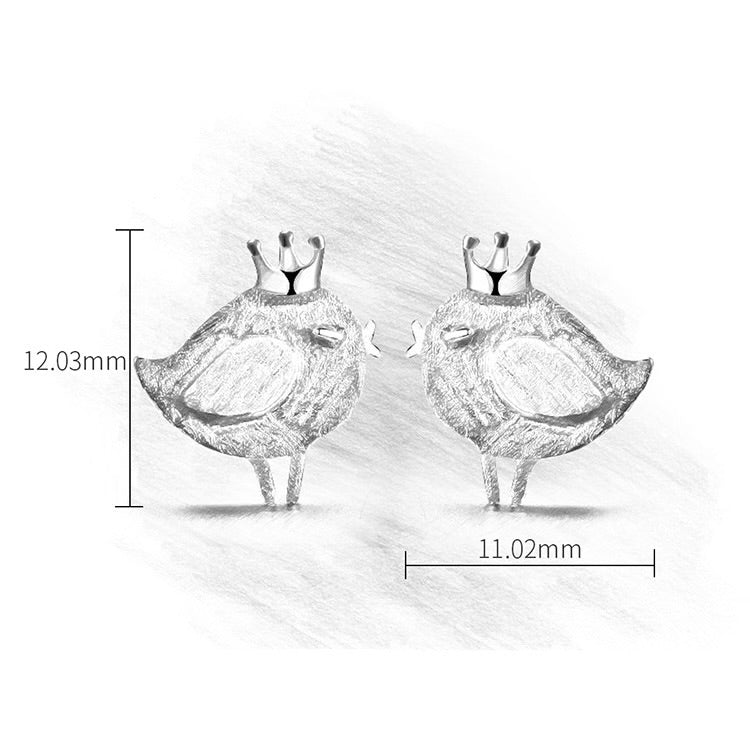 Handmade cute princess bird stud earrings, 925 silver, 18K gold