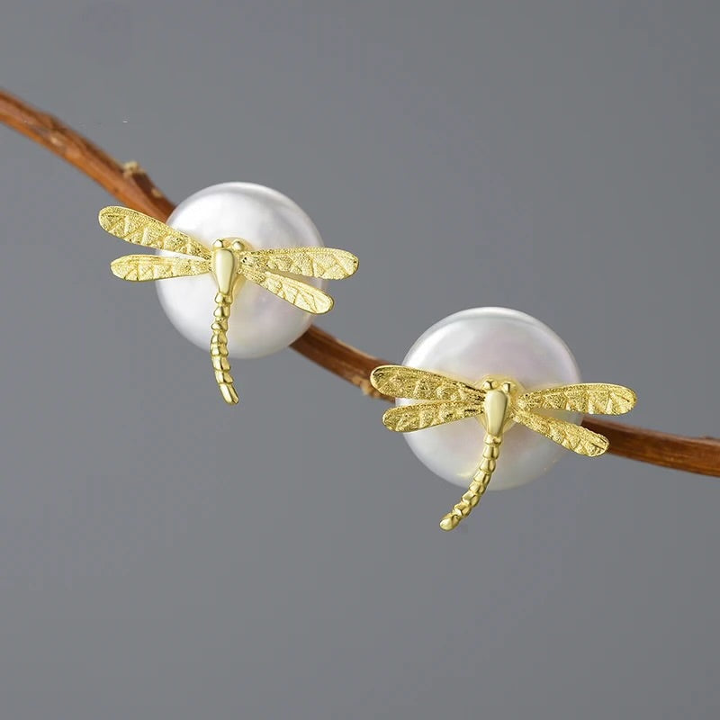 Pearl earrings with small dragonflies, 925 silver, 18K gold