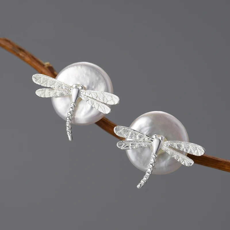 Pearl earrings with small dragonflies, 925 silver, 18K gold