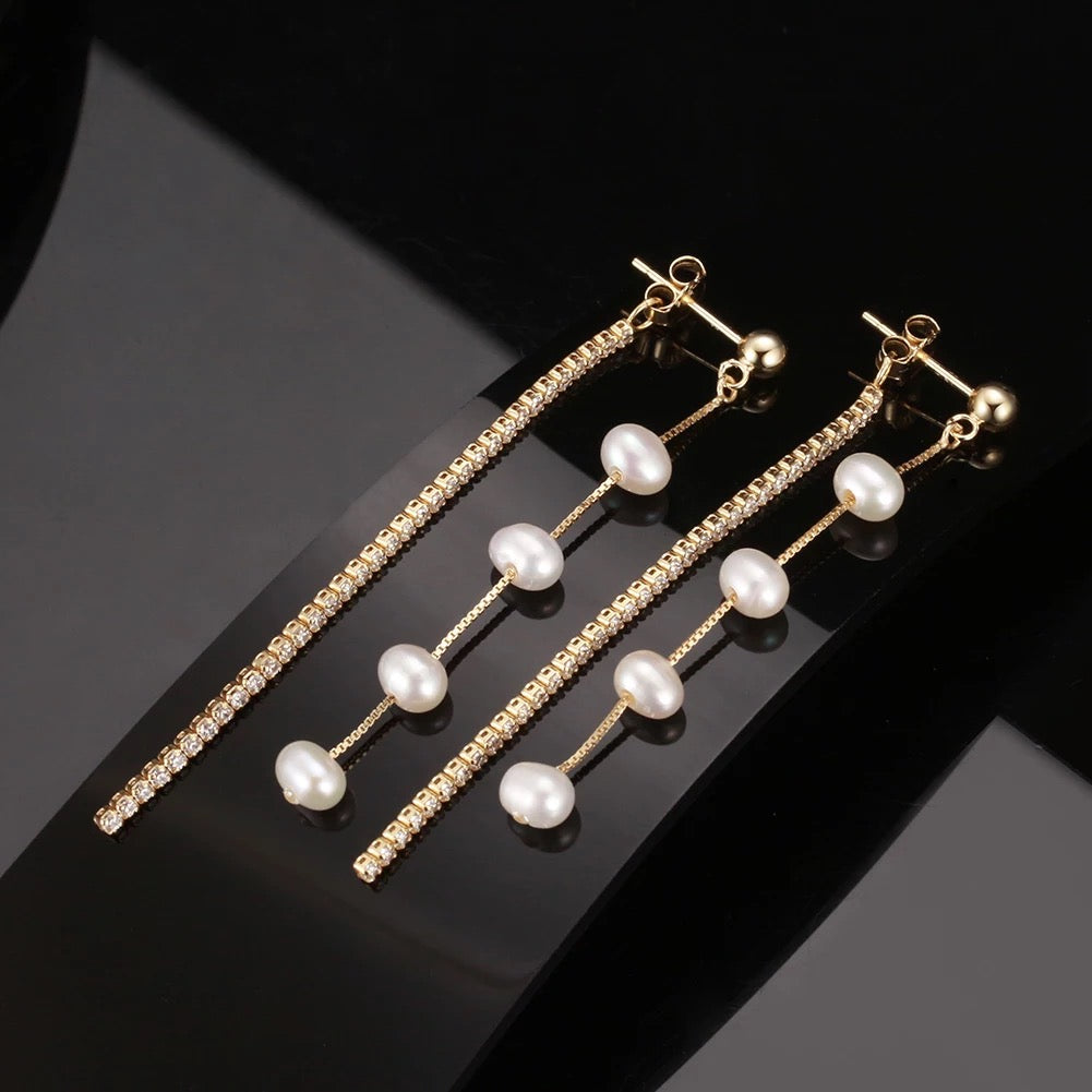 Festive Drop Earrings Zircon Freshwater Pearls Gold