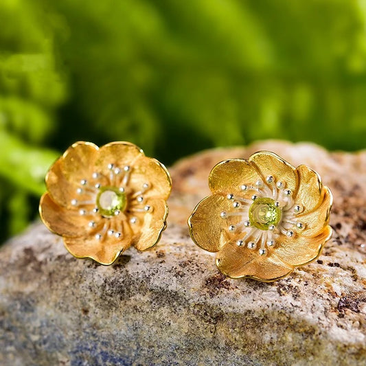 Handmade stud earrings "Blooming Anemone" with peridot