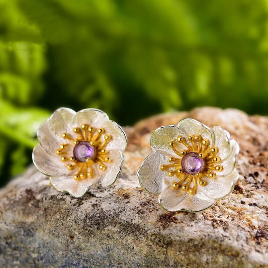 Handmade stud earrings "Blooming Anemone" with amethyst