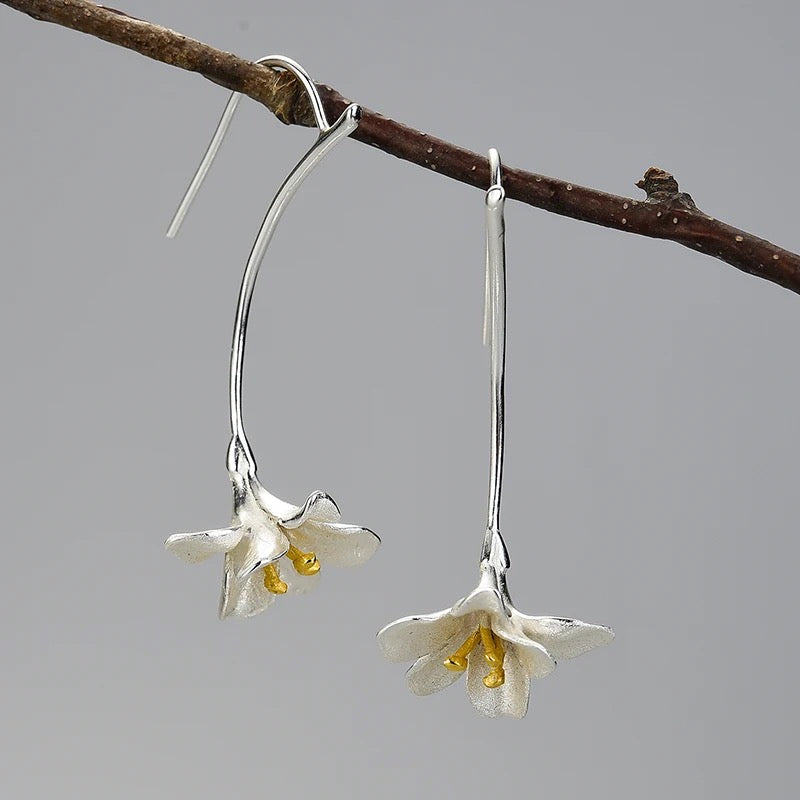 Handmade earrings large freesia, 925 silver, 18K gold