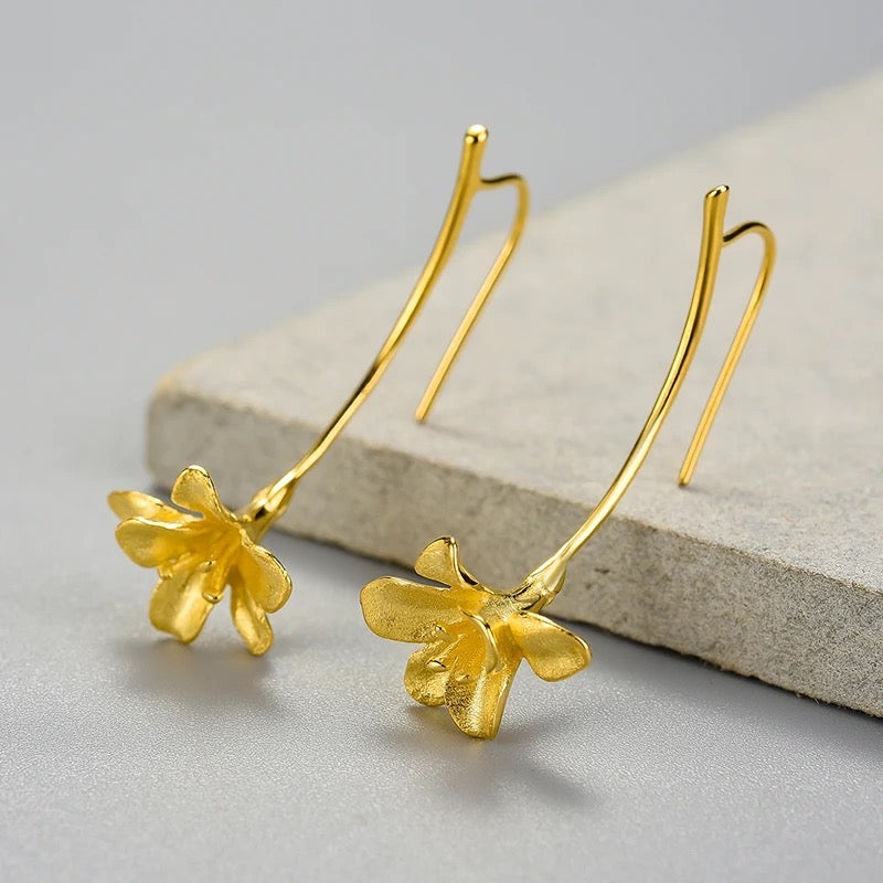 Handmade earrings large freesia, 925 silver, 18K gold