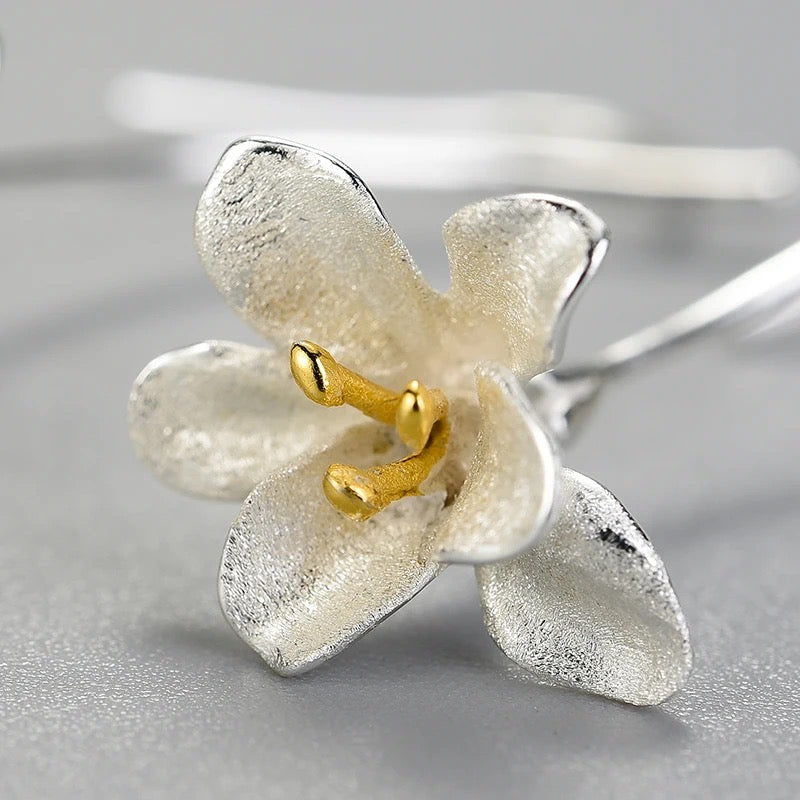 Handmade earrings large freesia, 925 silver, 18K gold