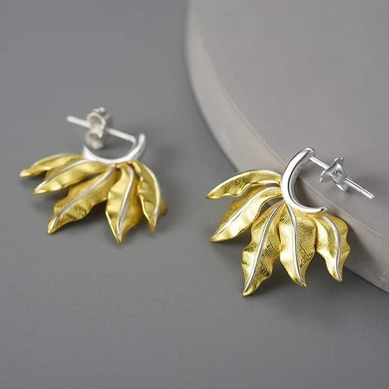 Vintage Leaf Hoop Earrings, 925 Silver, 18K Gold