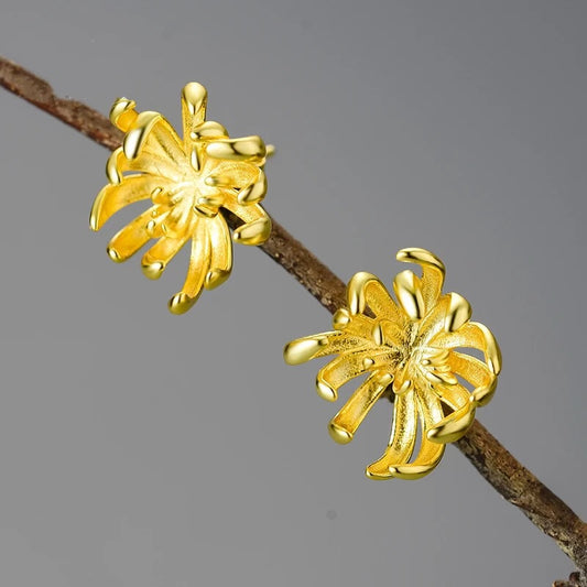 Handmade stud earrings "Elegant Chrysanthemum", 925 silver, 18K gold