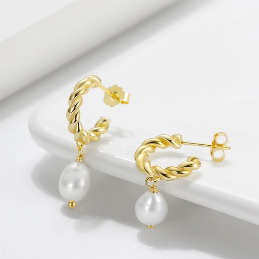 Handmade Minimalist Half Hoop Earrings with Hanging Pearl